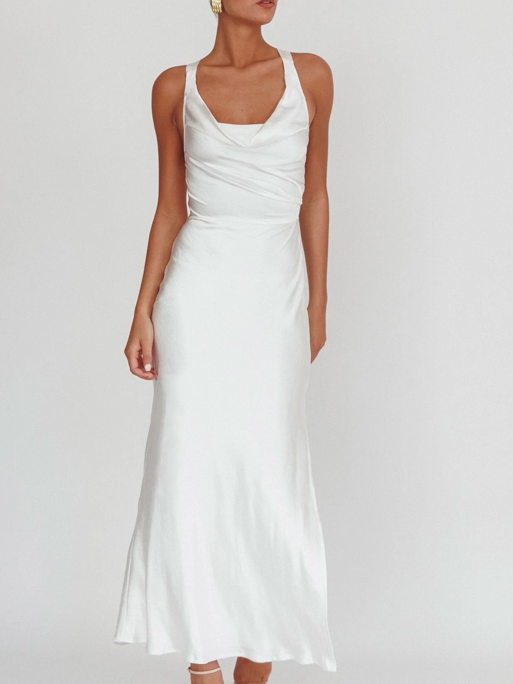 Satin Cowl Neck Maxi Dress in White
